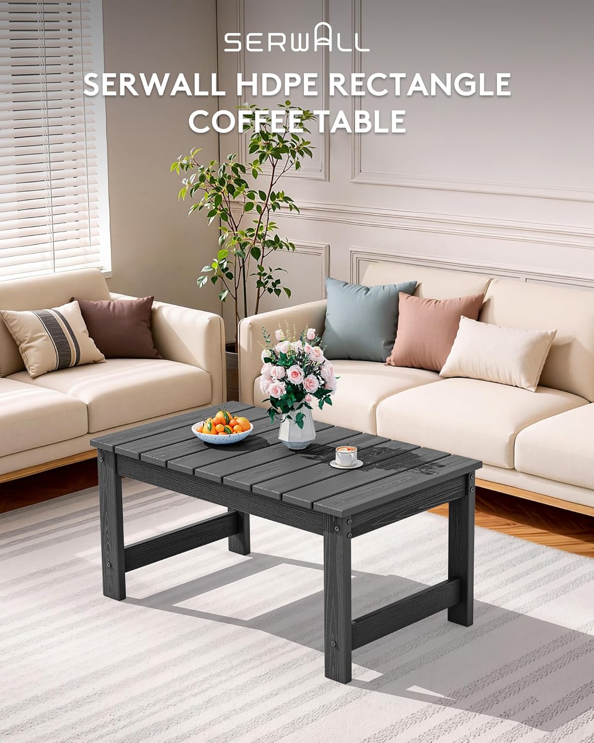 SERWALL Outdoor Coffee Table with 1.69" Umbrella Hole, HDPE Patio Coffee Table for Outside, Rectangle, Gray
