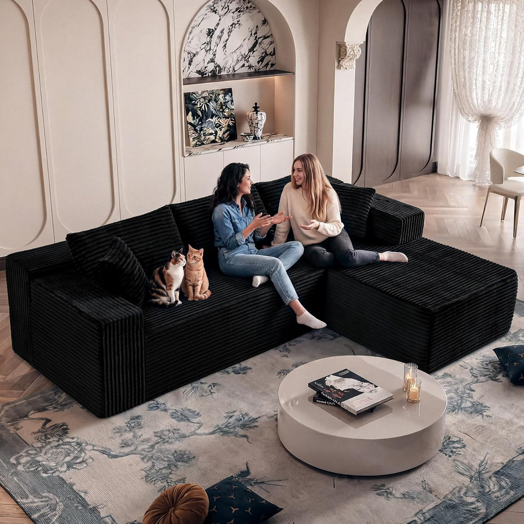 Black Sectional Couch for Living Room - 108" Modular Cloud Sofa with Chaise, Ultra Soft Corduroy L-Shaped Large Couches, Boneless Deep Seat Sectional Couch, No Assembly Required (Left Facing Chaise)