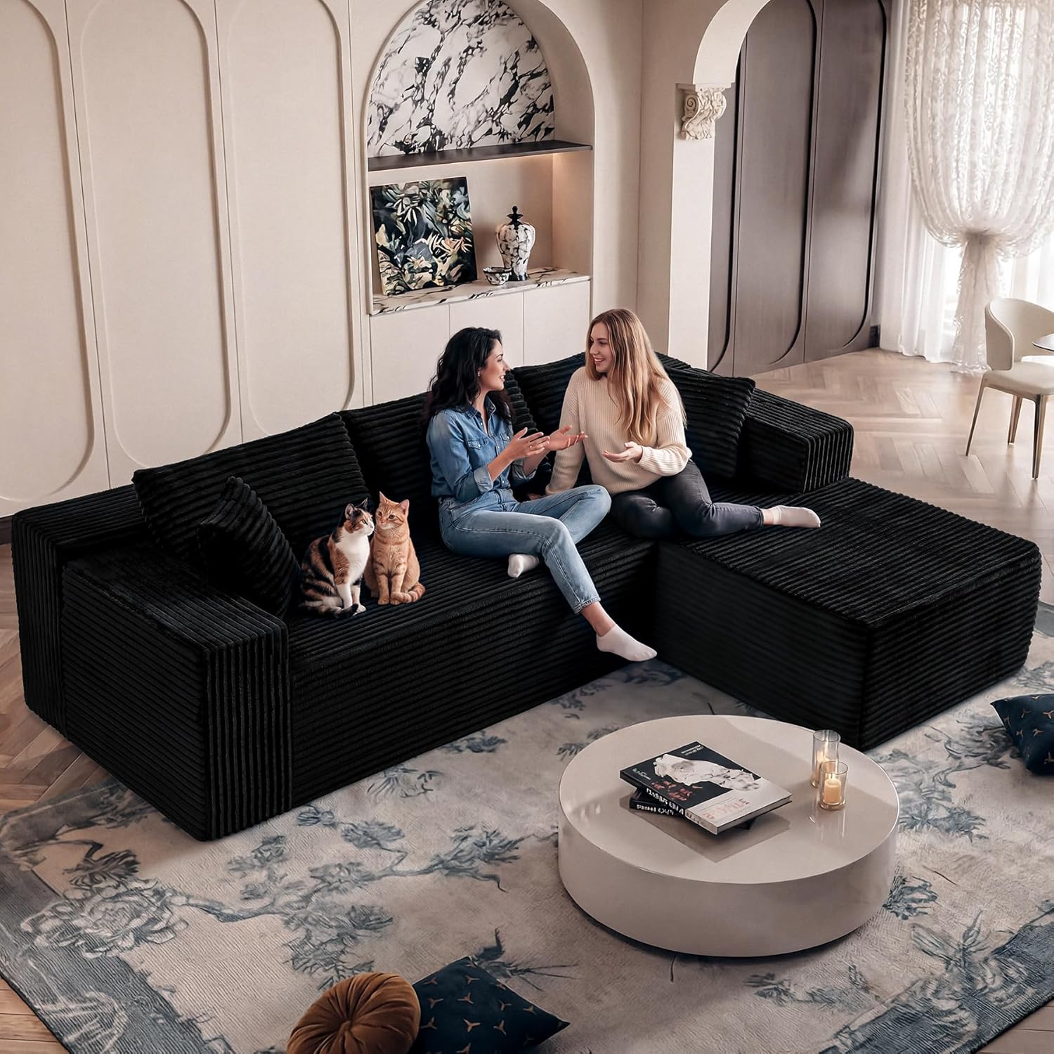 Black Sectional Couch for Living Room - 108" Modular Cloud Sofa with Chaise, Ultra Soft Corduroy L-Shaped Large Couches, Boneless Deep Seat Sectional Couch, No Assembly Required (Left Facing Chaise)