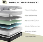 Queen Mattress,12 Inch Gel Memory Foam Mattress Made in USA,Graphene & Green Tea Particles Infused,Plush Euro Top,Motion Isolation,Pressure Relief,Fiberglass Free,CertiPUR-US Certified Foam
