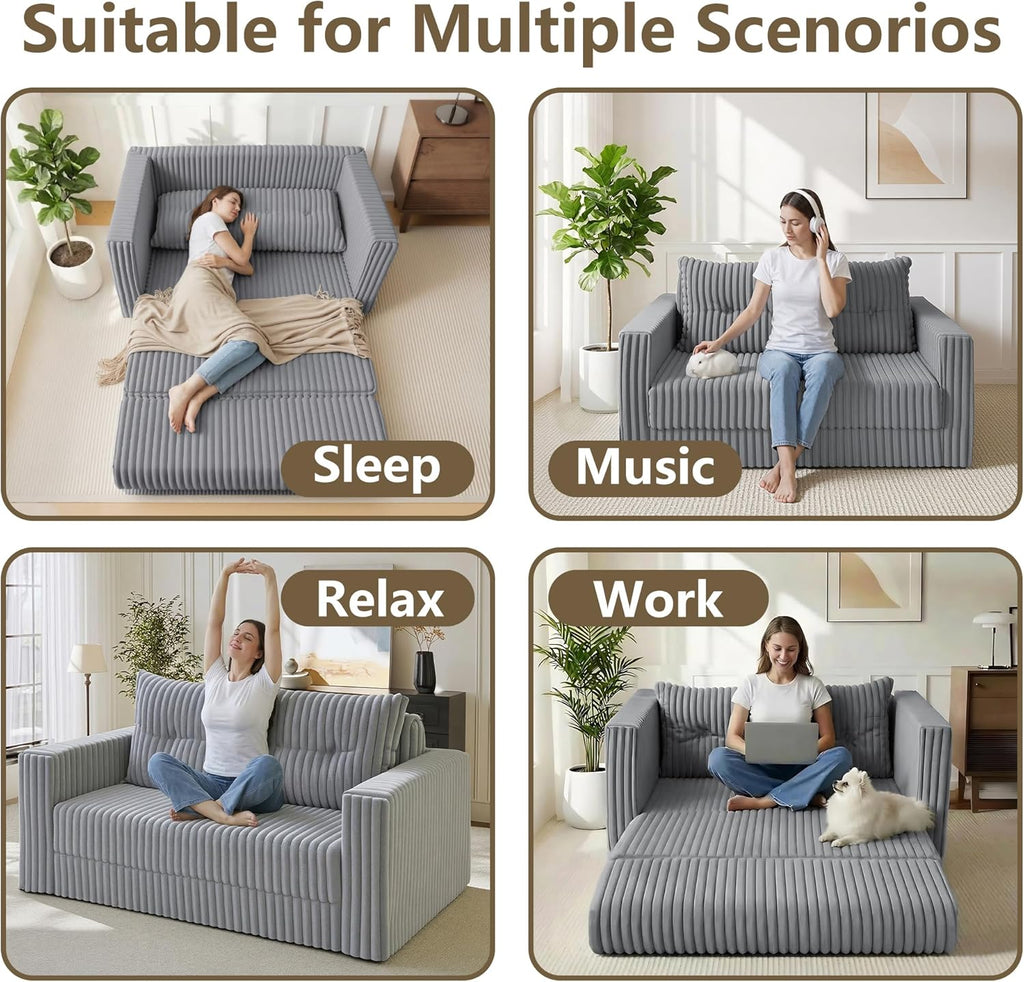 HABUTWAY Folding Sofa Bed, 2 in 1 Convertible Sleeper Chair with Pillow, Portable Fold Out Chair Bed with Armrest, Comfy Floor Couch, Lazy Sofa for Living Room Bedroom Dorm Home Office, Light Grey