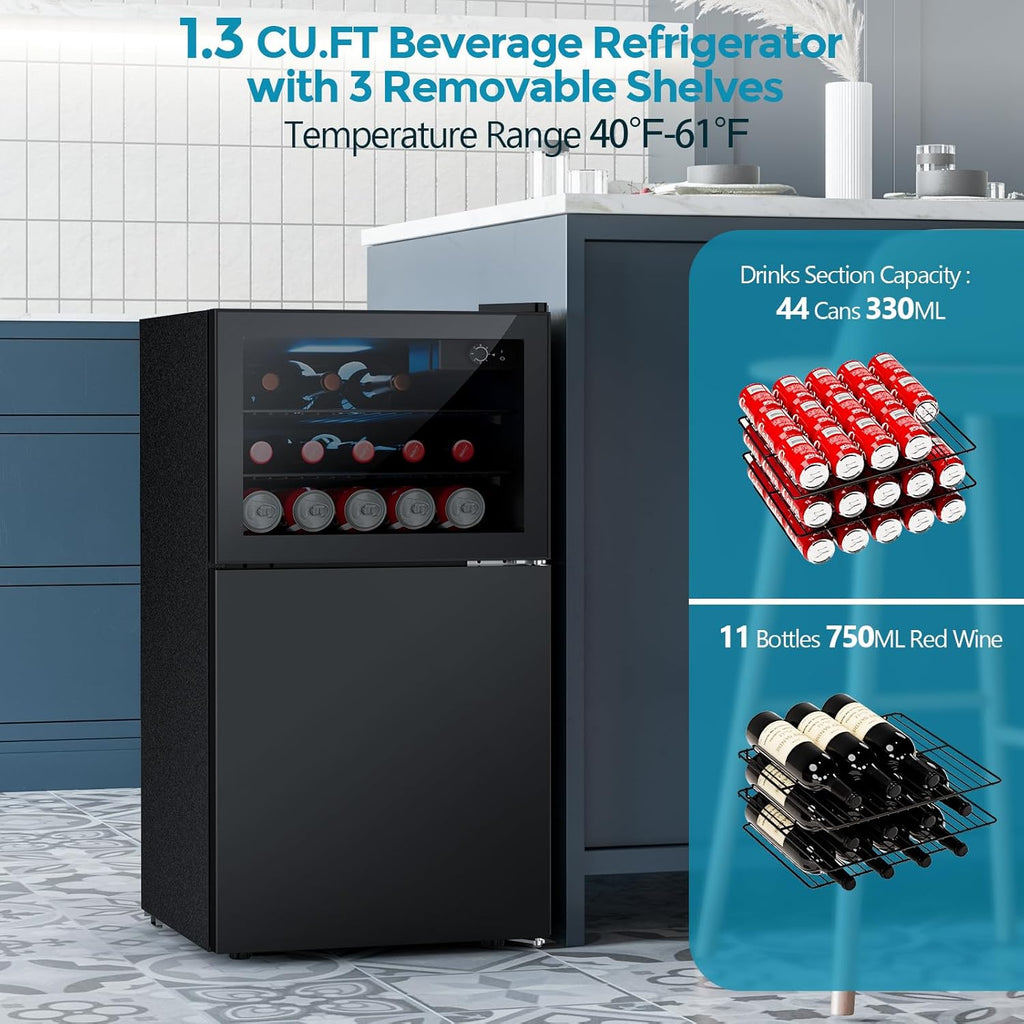 Beverage Refrigerator with Freezer, 2.6 Cu.Ft Compact Refrigerator, Reversible Door, Adjustable Thermostat, Mini Fridge for Bedroom, Office