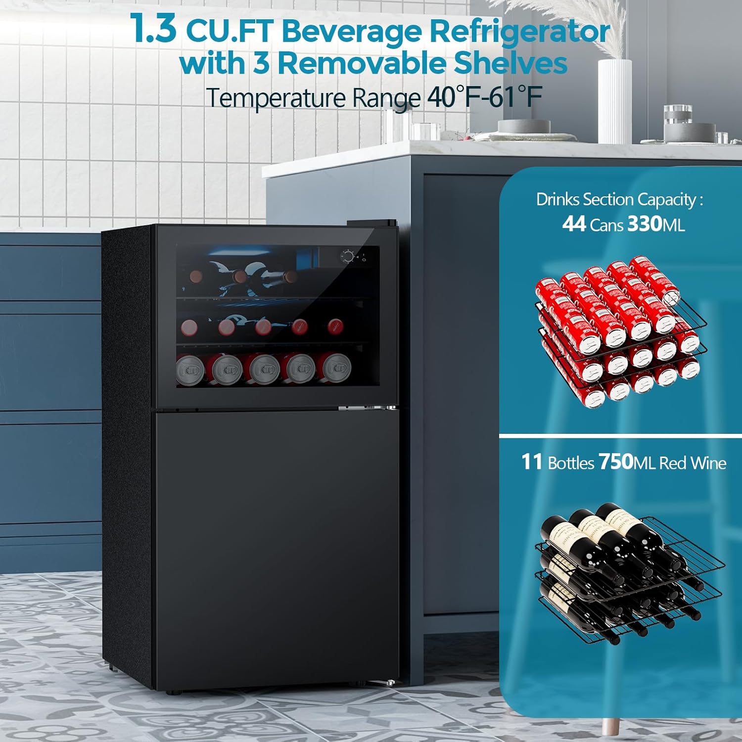 Beverage Refrigerator with Freezer, 2.6 Cu.Ft Compact Refrigerator, Reversible Door, Adjustable Thermostat, Mini Fridge for Bedroom, Office