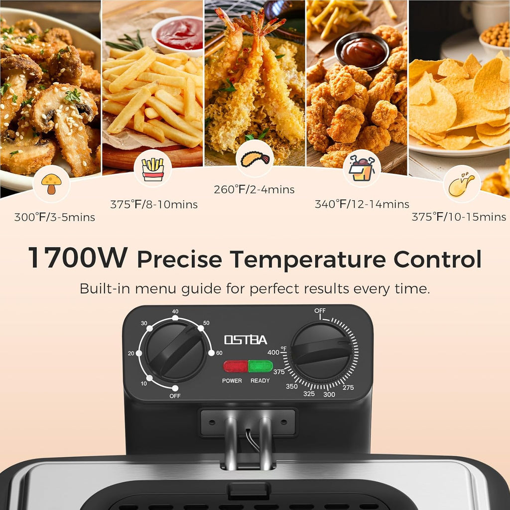 OSTBA Electric Deep Fryer with 3 Baskets, 1700W Stainless Steel Oil Fryer, 4.75QT Countertop Fryer with Adjustable Temperature, Viewing Window, Odor Filter & Removable Oil Container