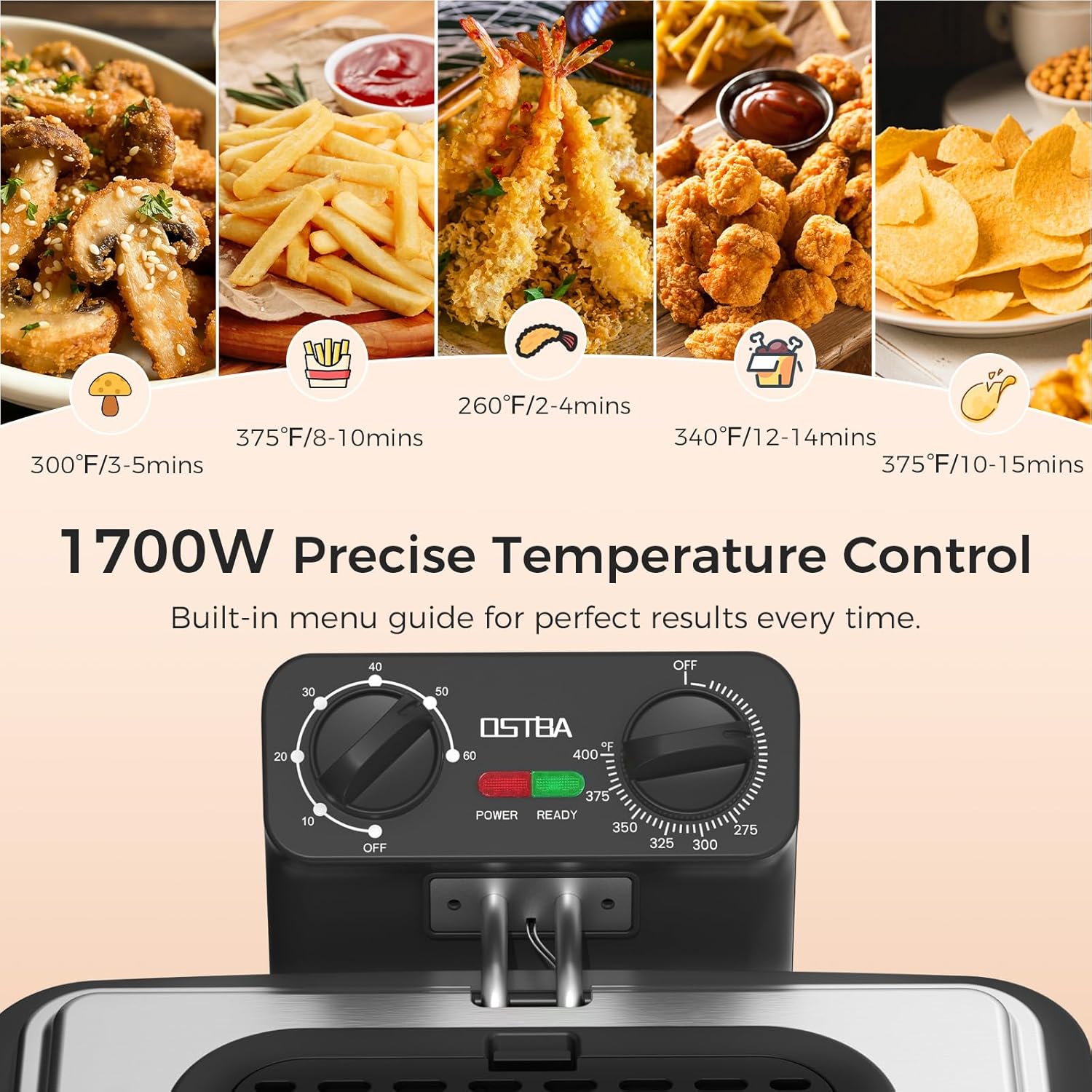 OSTBA Electric Deep Fryer with 3 Baskets, 1700W Stainless Steel Oil Fryer, 4.75QT Countertop Fryer with Adjustable Temperature, Viewing Window, Odor Filter & Removable Oil Container