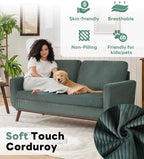 Tbfit 65" Corduroy Love Seat with Spring Cusions, Mid Century Modern Loveseat Sofa for Livingroom & Bedroom, Comfy Upholstered Small Couch