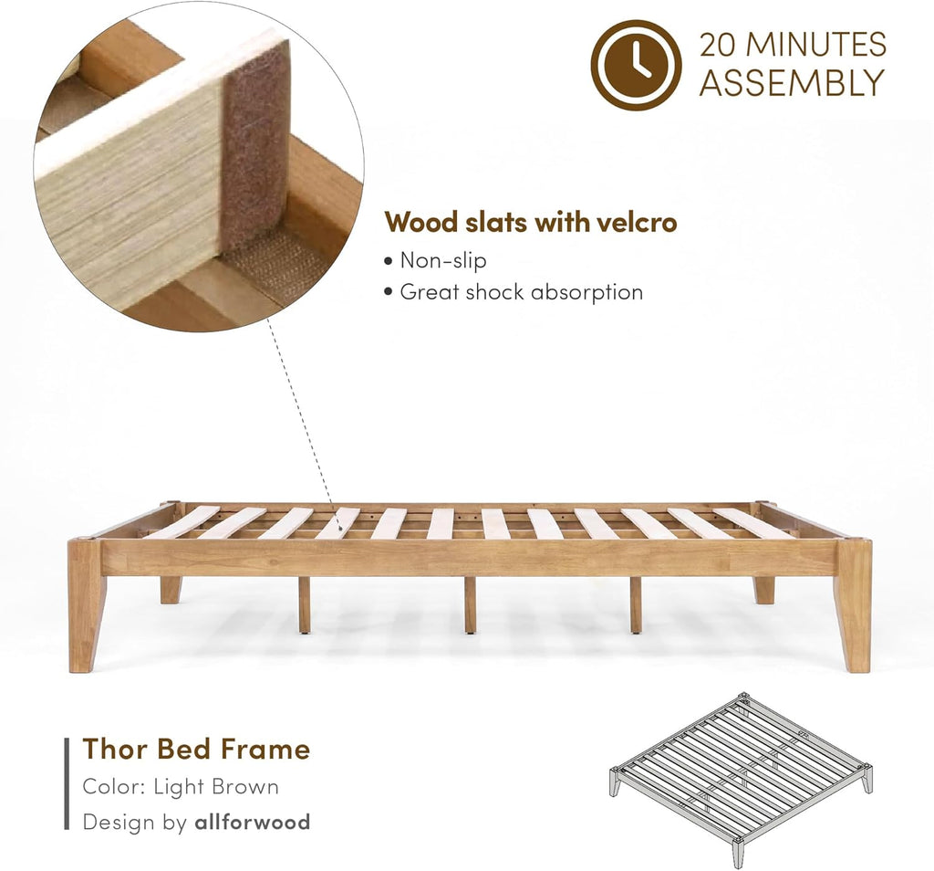 Thor Premium Solid Wood Bed Frame King, Japanese Joinery Bed Frame with Wood Slat Support, Platform Bed, No Box Spring Needed, Easy Assembly, Minimalist & Modern Style (Light Brown)
