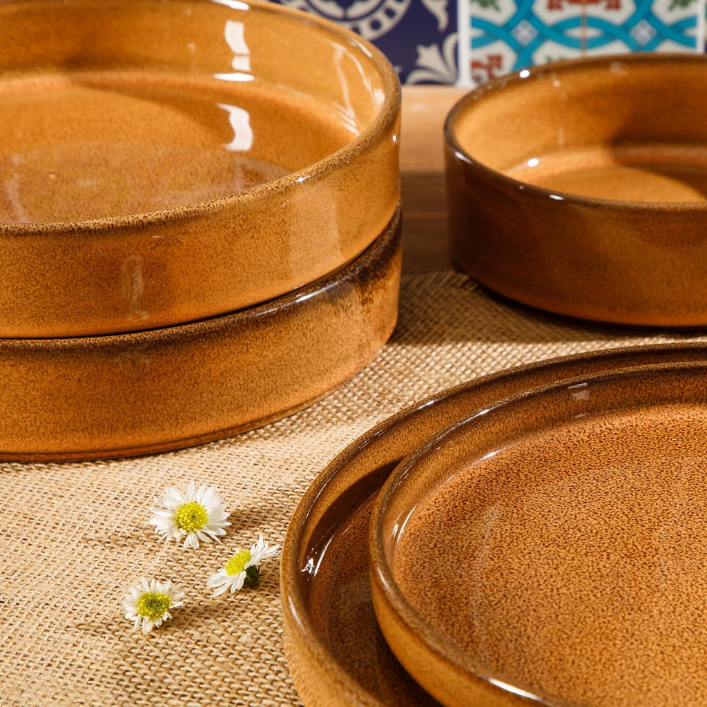 Bloomhouse - Two Time Oprah's Favorite Things Winner - Santorini Mist Double Bowl Terracotta Reactive Glaze Plates and Bowls Dinnerware Set - Amber, Service for Four (16pcs)