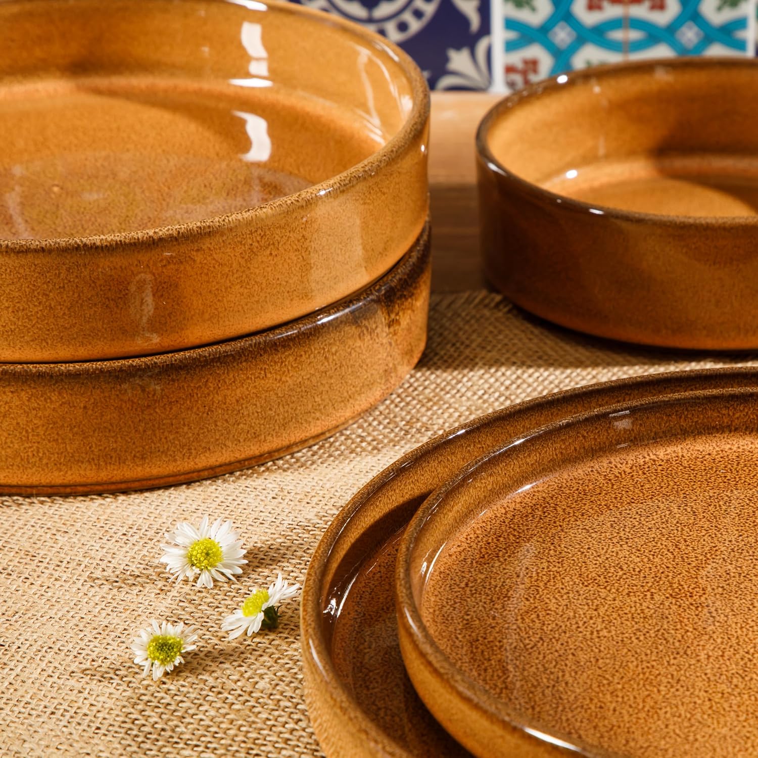 Bloomhouse - Two Time Oprah's Favorite Things Winner - Santorini Mist Double Bowl Terracotta Reactive Glaze Plates and Bowls Dinnerware Set - Amber, Service for Four (16pcs)