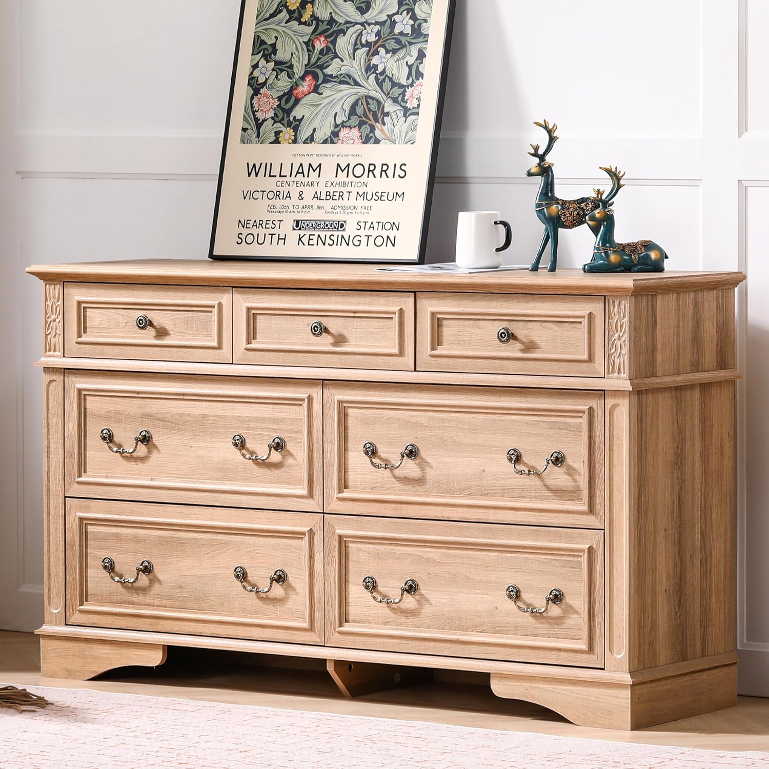 Farmhouse Dresser and Nightstand Sets, 6-Drawer with 7 Drawer Dresser & 3 Drawer Nightstand Sets, 4 Pieces Rustic Wood Bedroom Furniture Set for Home, Bedroom, Hallway(Natural)