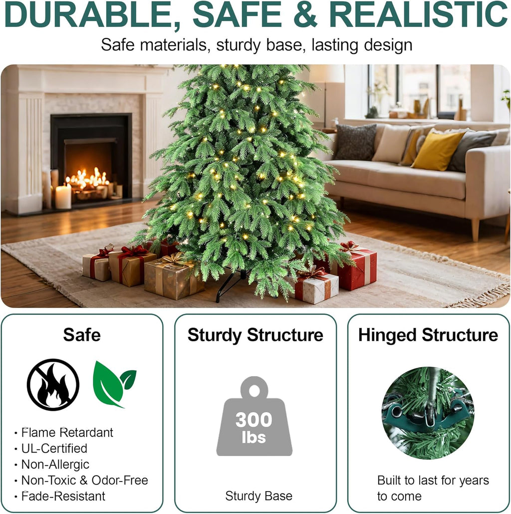 7FT Prelit Christmas Tree, Pre Lit Artificial Christmas Tree with 450 Lights and 2532 Branch Tips, Lighted Hinged Xmas Tree with Foldable Metal Stand for Party, Holiday, Home, Office