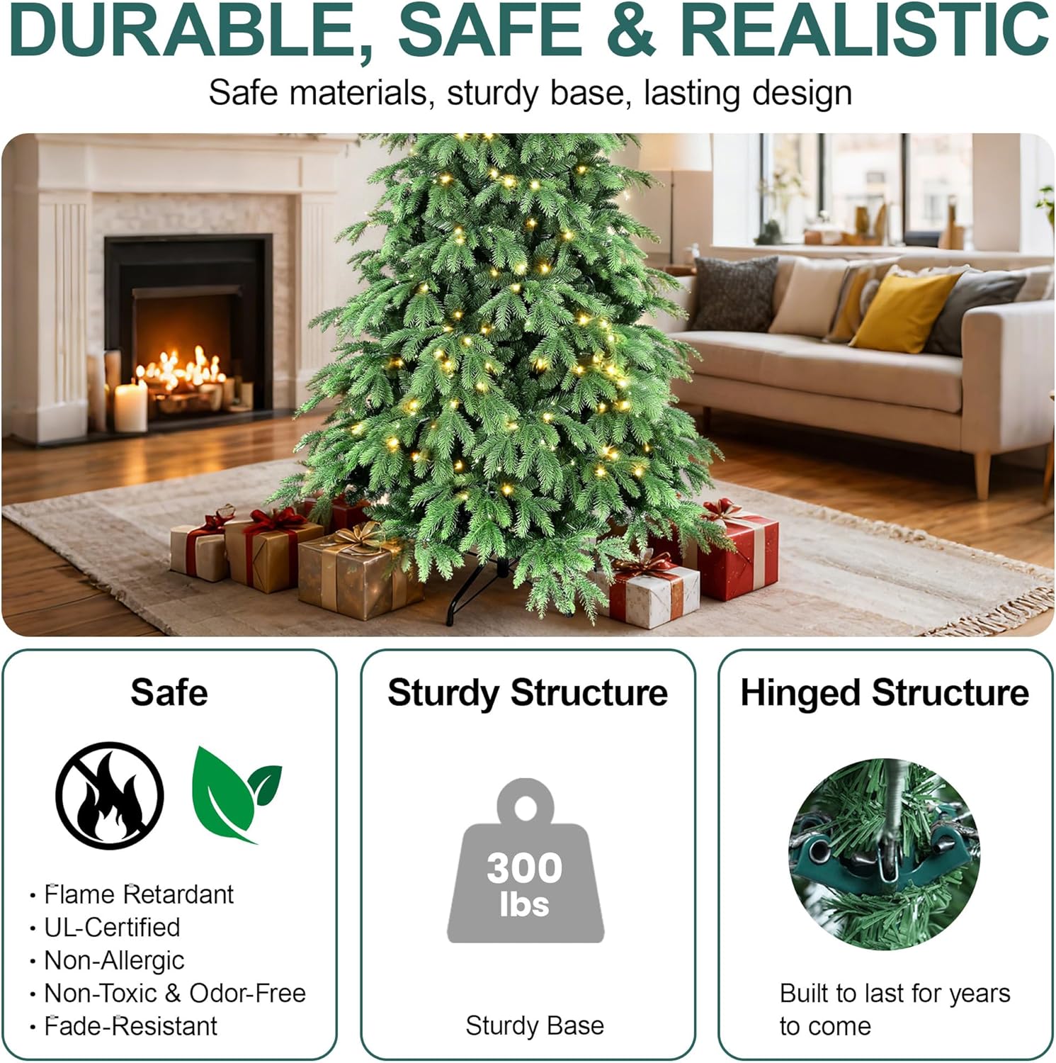 7FT Prelit Christmas Tree, Pre Lit Artificial Christmas Tree with 450 Lights and 2532 Branch Tips, Lighted Hinged Xmas Tree with Foldable Metal Stand for Party, Holiday, Home, Office