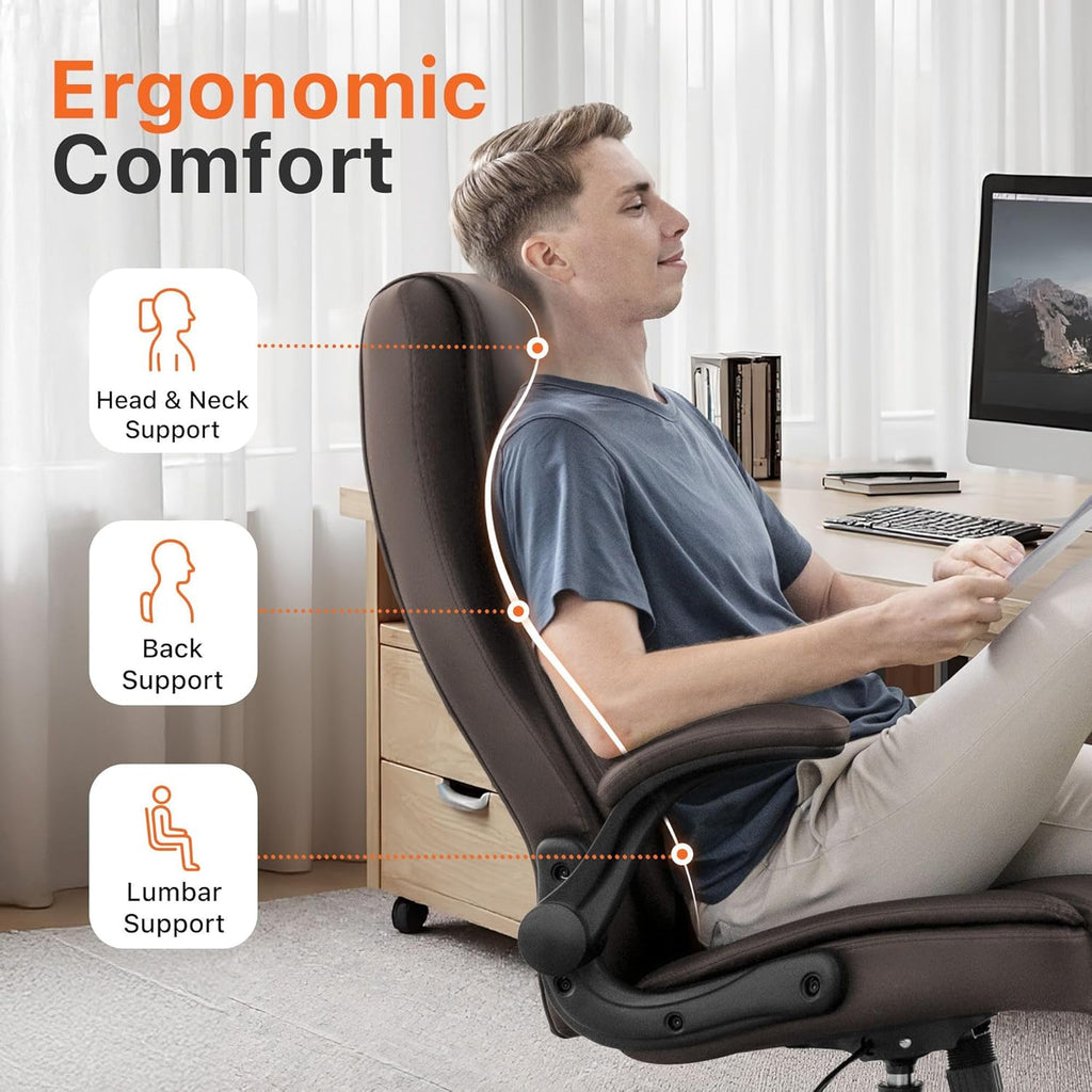 NEO CHAIR Office Desk Gaming Computer Home Chair Ergonomic Executive High Back Support Flip-up Arms Adjustable Height Swivel Rolling Wheels Comfy PU Leather (Brown)