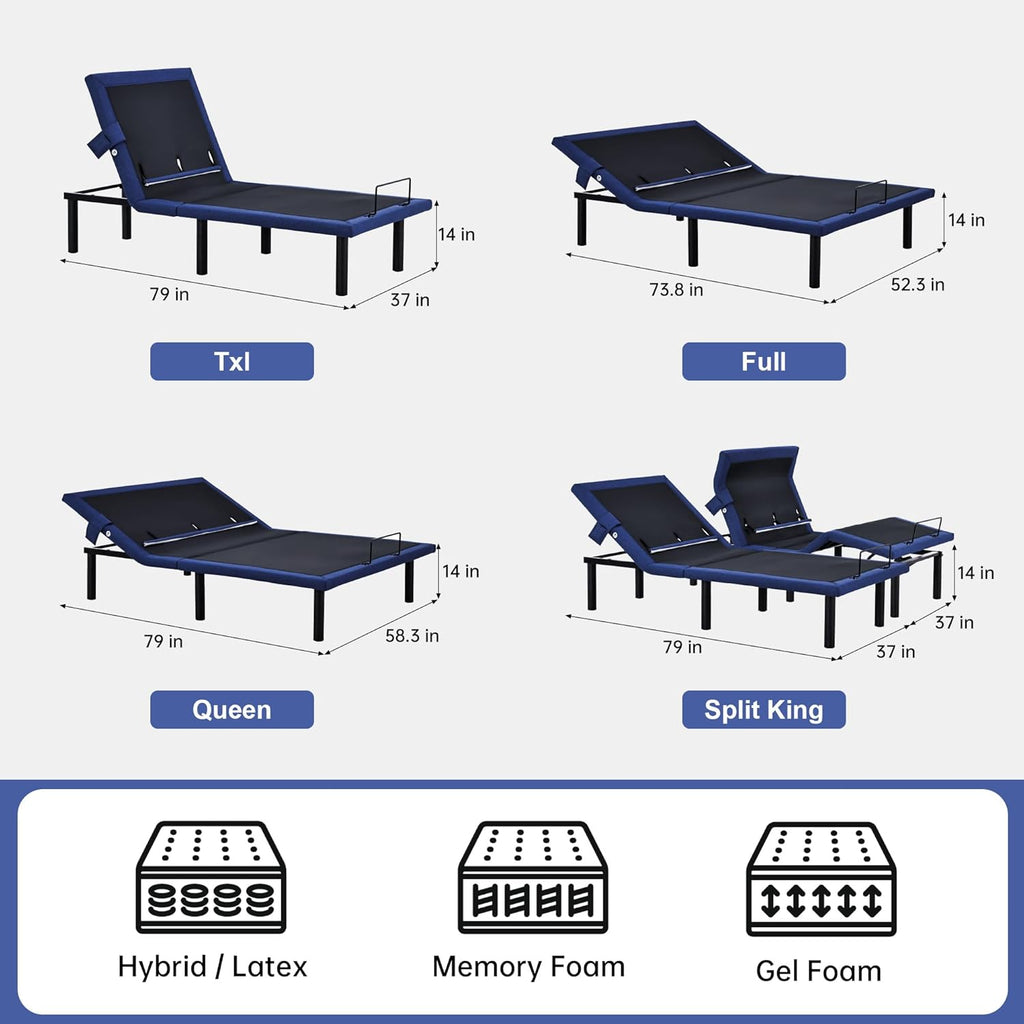 Fromann Adjustable Twin XL Bed Base Frame with Head and Foot Lift, Lumbar Support, Massage, Under-Bed Lights,Left Right USB+C, Memory Positions, Zero Gravity