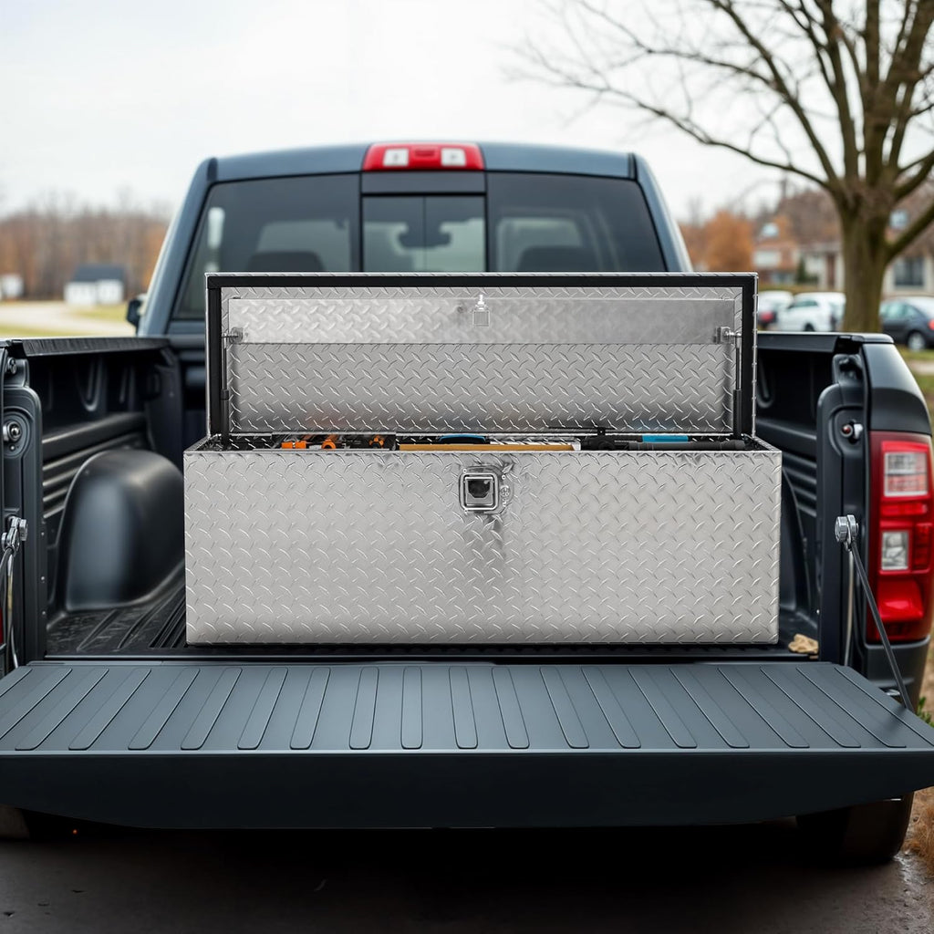 AUTOSAVER88 48 Inch Truck Bed Tool Box, Heavy Duty Aluminum Diamond Plate Tool Box Chest, Waterproof Chest Storage Box with Sliding Shelf and Lock for Trucks, Trailers, RVs, Warehouses
