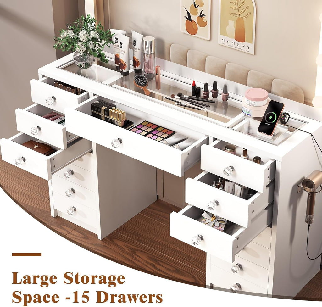 15 Drawers Vanity Desk, Large Makeup Vanity with Power Outlet, Vanity Table with Mirror and Light, 3 Color Lighting Modes, Tempered Glass Top, Dressing Table for Bedroom (White)