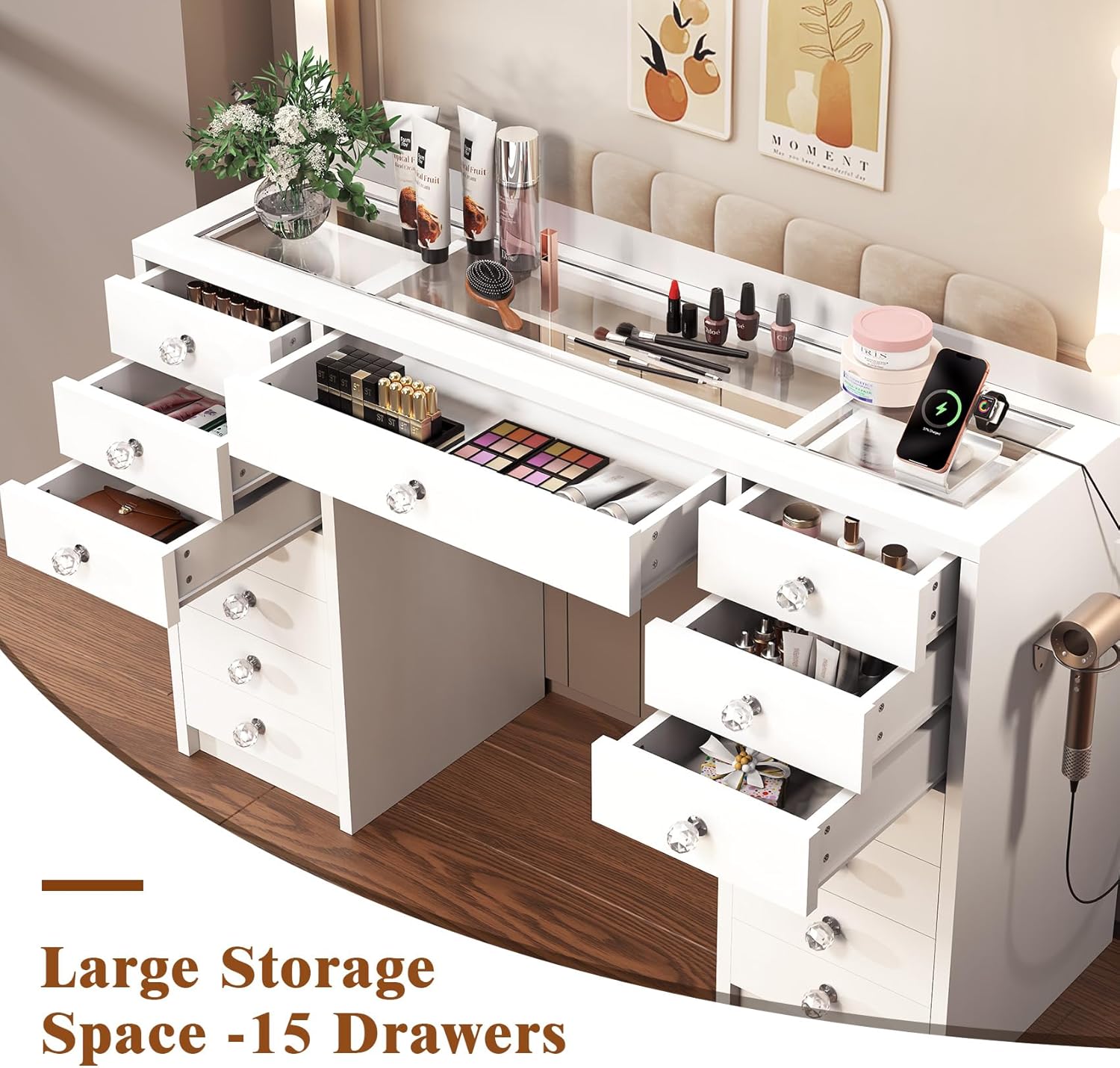 15 Drawers Vanity Desk, Large Makeup Vanity with Power Outlet, Vanity Table with Mirror and Light, 3 Color Lighting Modes, Tempered Glass Top, Dressing Table for Bedroom (White)