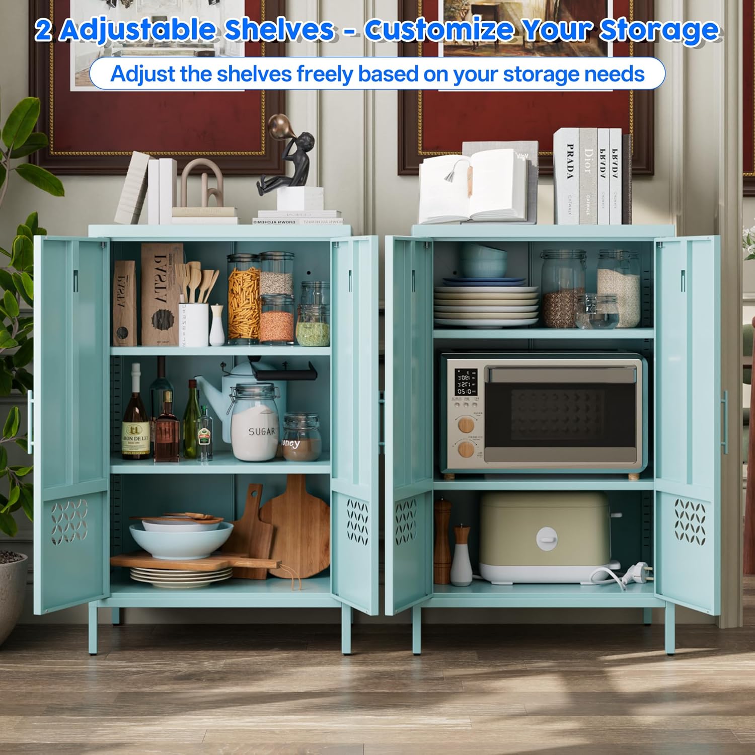 Metal Storage Cabinet with Adjustable Shelves,Metal Buffet Sideboard with 2 Doors for Kitchen,Home,Office, 42" H x 26" W x 14" D,Assembly Required,Blue