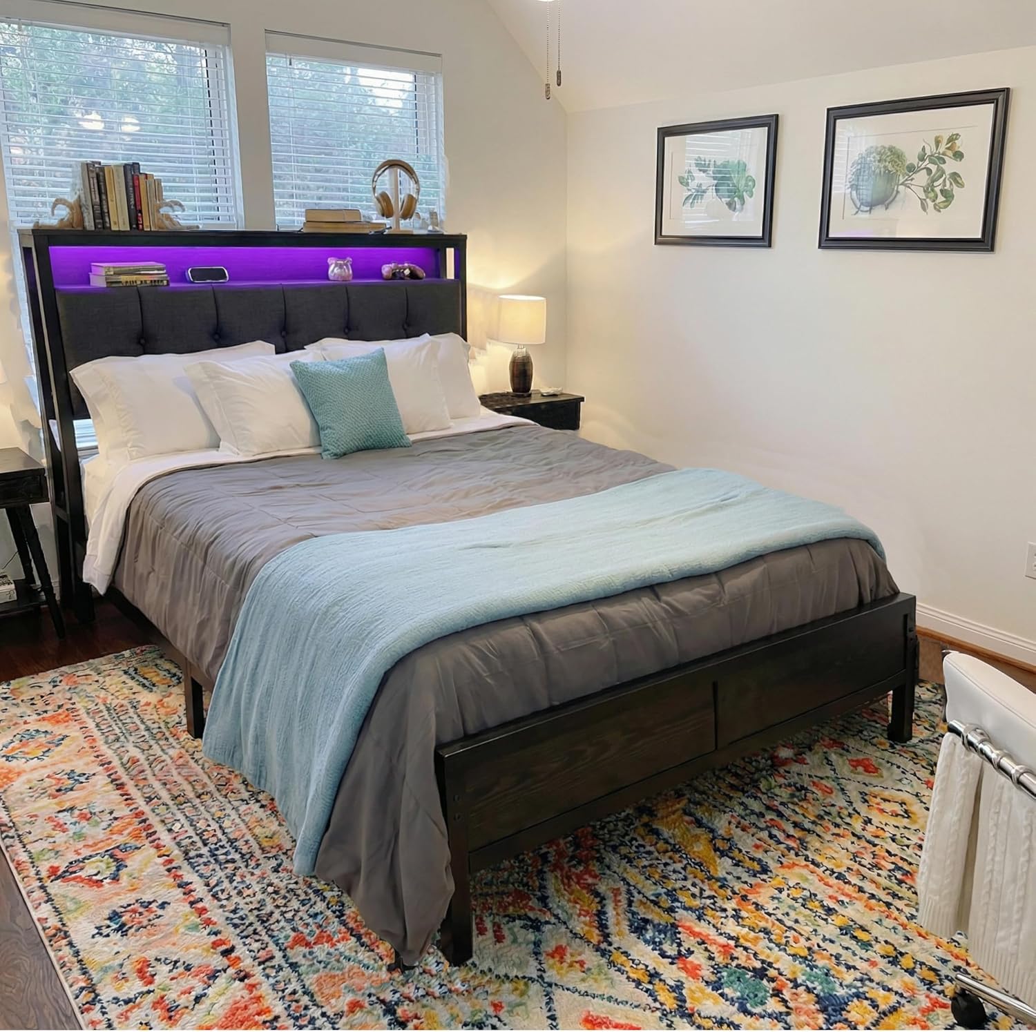 Full Size Bed Frame Smart RGB LED Lights, Grey Upholstered Headboard with Charging Station Type C&2-Tier Storage Shelves,12" Under-Bed Storage, Noise-Free,Easy Assembly,Black