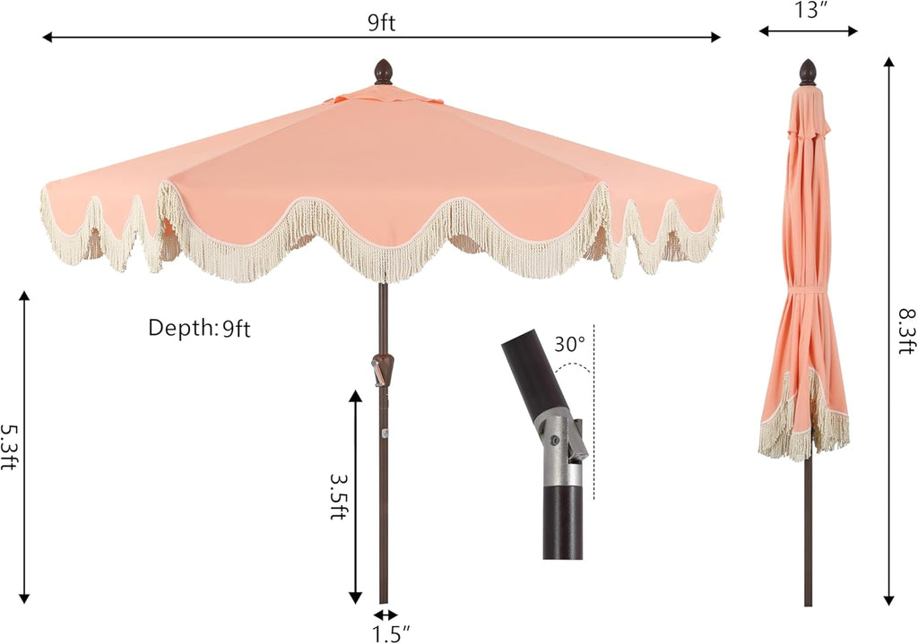 JONATHAN Y UMB1001 Collins 9 ft. Classic Cottage Tassel Market Patio Umbrella with Auto-Tilt  Crank  Wind Vent and UV Protection