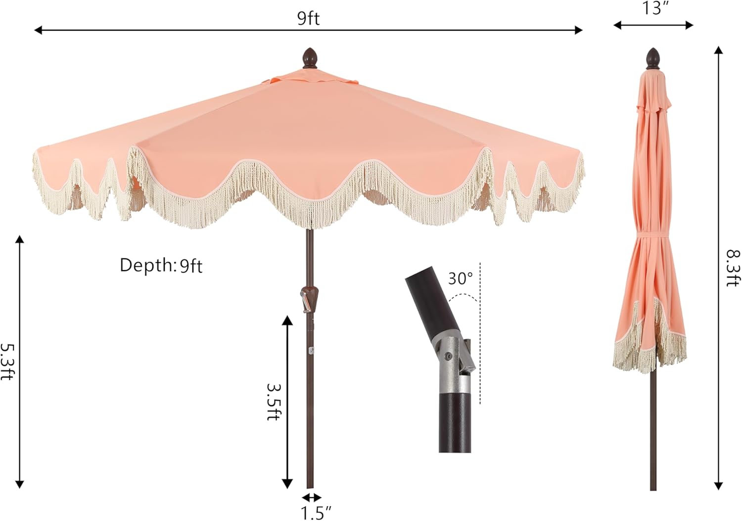 JONATHAN Y UMB1001 Collins 9 ft. Classic Cottage Tassel Market Patio Umbrella with Auto-Tilt  Crank  Wind Vent and UV Protection