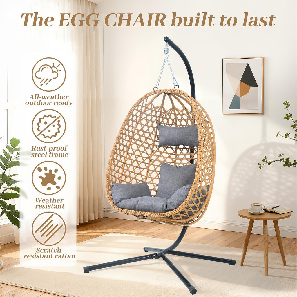 EortheX Hanging Egg Chair with Cushions – Comfortable Rattan Swing Chair with Stand for Patio, Garden, or Balcony – Stylish and Relaxing Outdoor Lounge Chair, 350LBS Capacity Indoor Outdoor