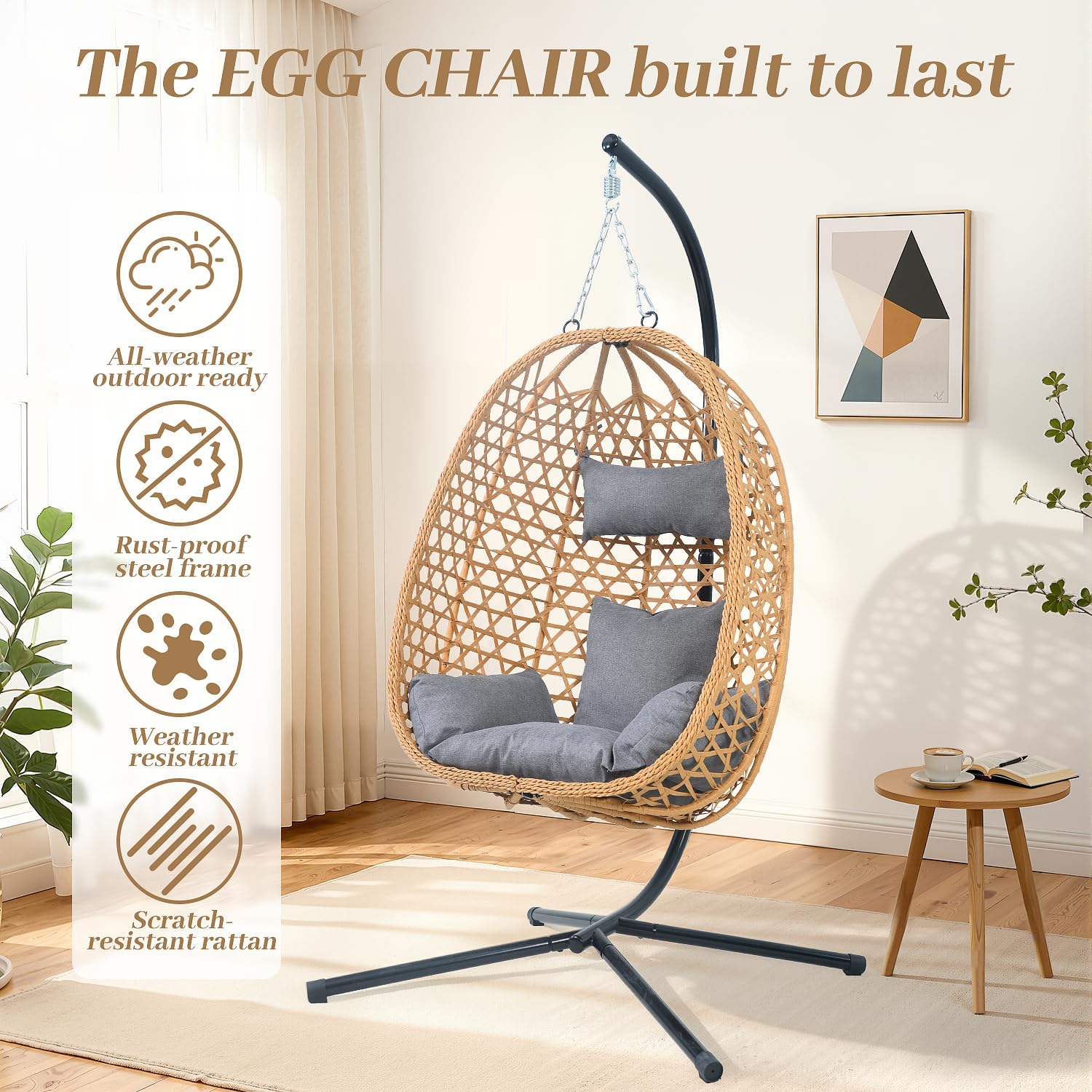 EortheX Hanging Egg Chair with Cushions – Comfortable Rattan Swing Chair with Stand for Patio, Garden, or Balcony – Stylish and Relaxing Outdoor Lounge Chair, 350LBS Capacity Indoor Outdoor