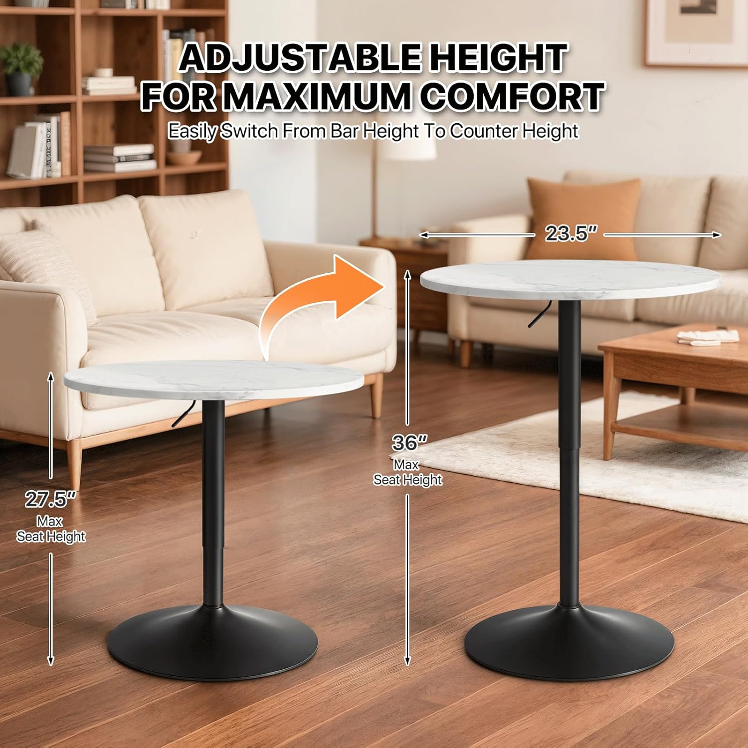 Magshion 23.5'' Round Adjustable Height Wood Bar Pub Table Adjustable Range 27.5"-36" Living Room Dining Room Bar Cocktail Table (Marble White)