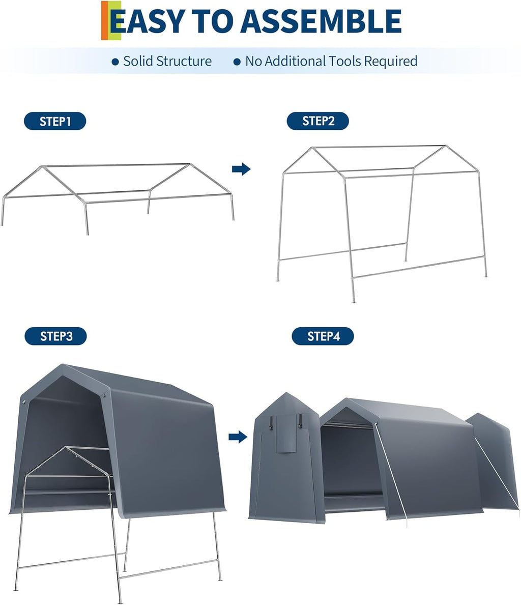 Garvee 6x8x7FT Outdoor Storage Shed Tent, Portable Carport Garage Shelter with Vent & Roll-Up Zipper Door, 240G Waterproof PE Tarp, UV-Resistant Canopy for Motorcycle Bike Tools Lawn Mower, Grey