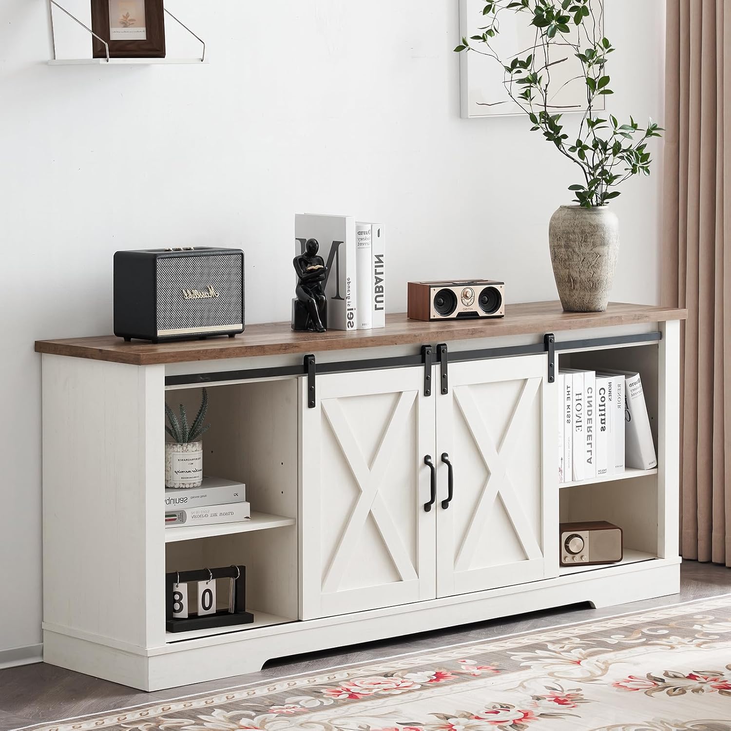 AMERLIFE 4-Piece Farmhouse Table Set Includes Sliding Barn Door TV Stand, Coffee Table& Two End Tables, Side Table with Charging Station and USB Ports, for Living Room, Distressed White, 66"