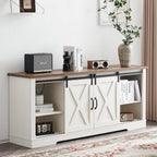 AMERLIFE 4-Piece Farmhouse Table Set Includes Sliding Barn Door TV Stand, Coffee Table& Two End Tables, Side Table with Charging Station and USB Ports, for Living Room, Distressed White, 66"