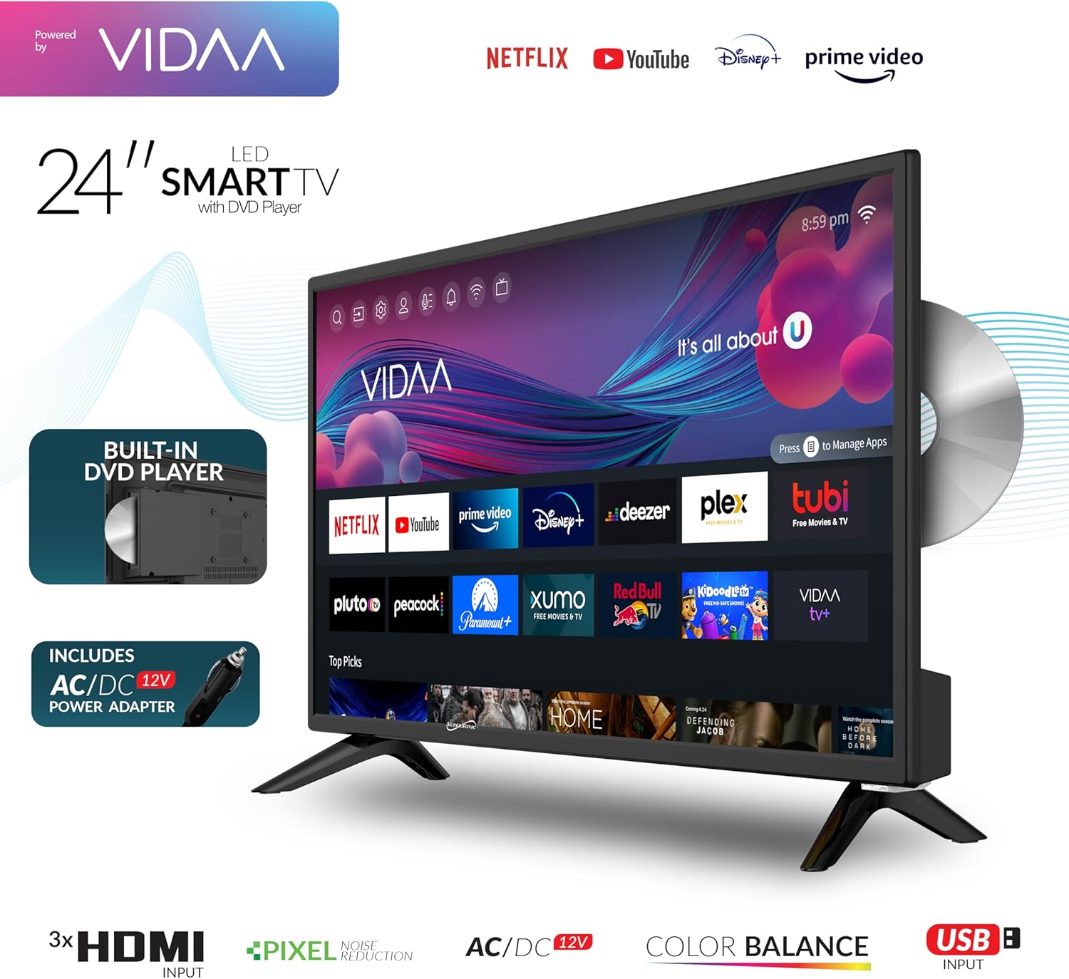 Supersonic SC-2426SDVD 24-inch LED Smart HDTV w/DVD Player  ATSC & NTSC System  3X HDMI  1080p  WiFi  USB  Multi Language OSD  AC/DC Compatible for Home  Kitchen  or RV Camper  DC Car Cord Included