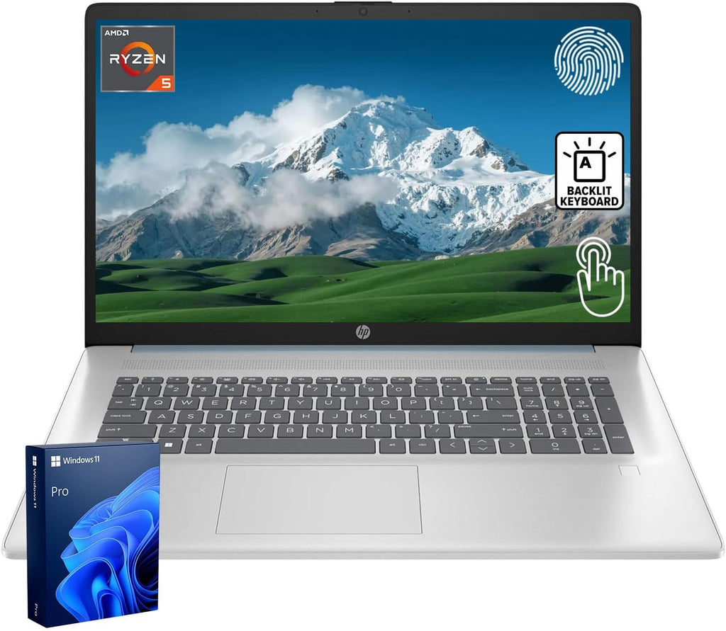 HP 17.3" Business & Home Laptop  17.3" LED Touchscreen  AMD Ryzen 5 7430U  32GB RAM  2TB PCIe SSD  Backlit Keyboard  Fingerprint Reader  Webcam  HDMI  Wi-Fi 6  Windows 11 Pro  Blue