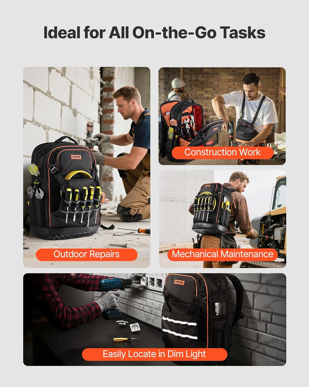 VEVOR Tool Backpack with Tools, 65 Pockets, Heavy-duty Tools Storage Organizer Bags with Laptop Compartment & Molded Base, Electrician Jobsite Backpack for Electrician, Repairman, and HVAC Techs