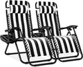 Best Choice Products Set of 2 Adjustable Steel Mesh Zero Gravity Lounge Chair Recliners w/Pillows and Cup Holder Trays - Black Striped