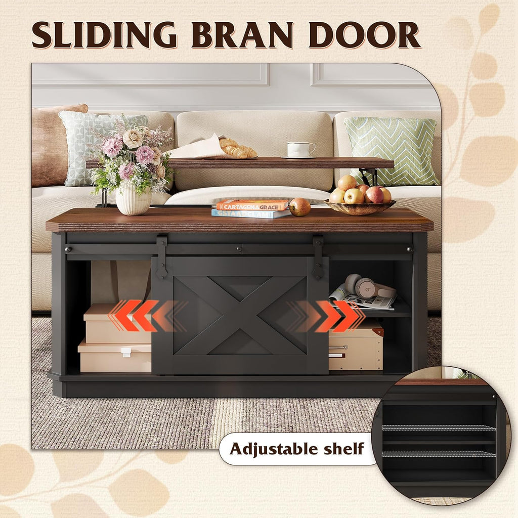 WLIVE Framhouse Coffee Table with Storage, 35.5" Lift Top Coffee Table for Living Room, Square Center Table, Rustic Cocktail Table with Sliding Barn Doors, Curevd Base, Black