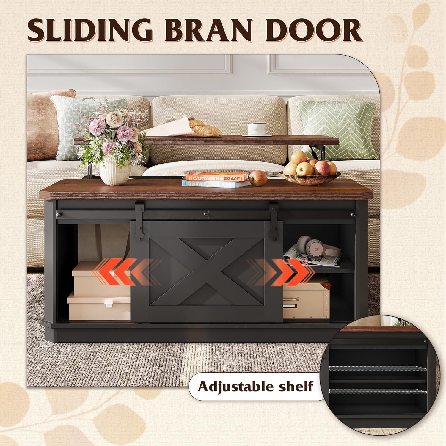 WLIVE Framhouse Coffee Table with Storage, 35.5" Lift Top Coffee Table for Living Room, Square Center Table, Rustic Cocktail Table with Sliding Barn Doors, Curevd Base, Black