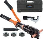 HoldwellS Copper Pipe Crimping Tool 3 VUS Jaws (1/2",3/4",1") for Copper Pipes 360° Rotatable Head with Pipe Cutter & Deburring Tool, Copper Tube for Narrow Space/Tee/Elbow Fittings with Carrying Case