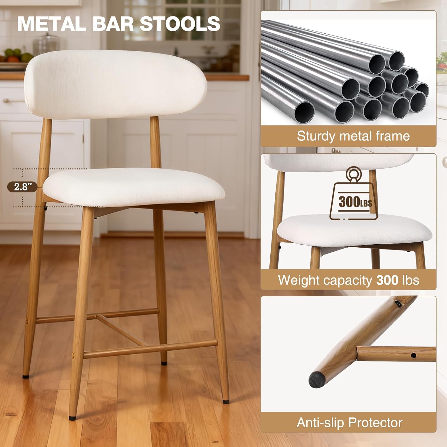 AQO Counter Height Bar Stools Set of 4, Upholstered Counter Stools Modern Barstools with Metal Legs for Kitchen Island Dining Room, Beige