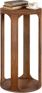 Wooden Drink Table, Pedestal Round End Table, Walnut Brown Nightstand Accent Tables, Small Side Tables for Living Room Plant Stand, Bedroom, 12" x 24"