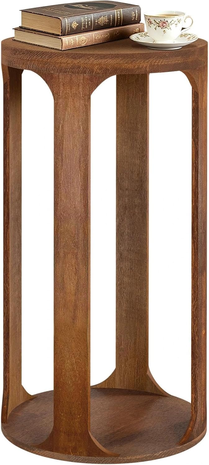 Wooden Drink Table, Pedestal Round End Table, Walnut Brown Nightstand Accent Tables, Small Side Tables for Living Room Plant Stand, Bedroom, 12" x 24"