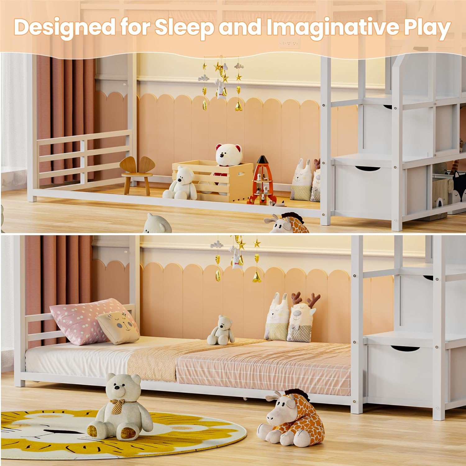 Low Bunk Bed Twin Over Twin with Storage Staircase, RGB LED Lights, Drawers & Shelves, Metal Bunk Beds for Kids with Power Outlet, Double Full-Length Guardrails & Metal Slats for Small Space, White