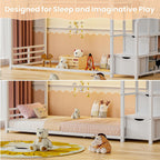 Low Bunk Bed Twin Over Twin with Storage Staircase, RGB LED Lights, Drawers & Shelves, Metal Bunk Beds for Kids with Power Outlet, Double Full-Length Guardrails & Metal Slats for Small Space, White