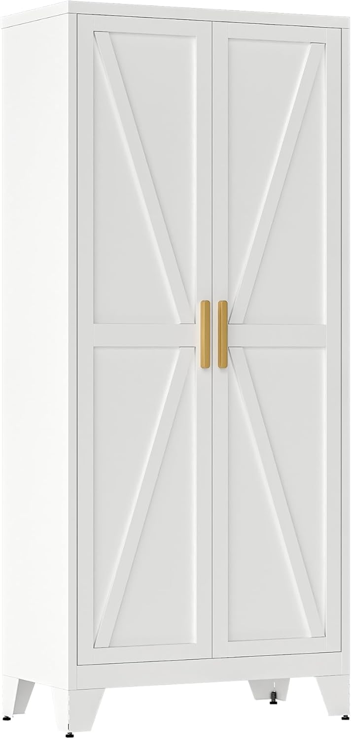 QINPTWUT 71" Storage Cabinet with Doors and Shelves, Tall Pantry Cabinet in White with 2 Doors & 4 Adjustable Shelves, All-Steel Farmhouse Cupboard for Kitchen, Living Room,Home Office,Garage