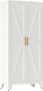 QINPTWUT 71" Storage Cabinet with Doors and Shelves, Tall Pantry Cabinet in White with 2 Doors & 4 Adjustable Shelves, All-Steel Farmhouse Cupboard for Kitchen, Living Room,Home Office,Garage