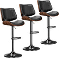 Swivel Bar Stools Set of 3, Adjustable Bentwood Barstools for Kitchen Counter, Modern PU Leather Upholstered Bar Chair with Back and Footrest, for Kitchen Island, Bar, Dining Room, Black