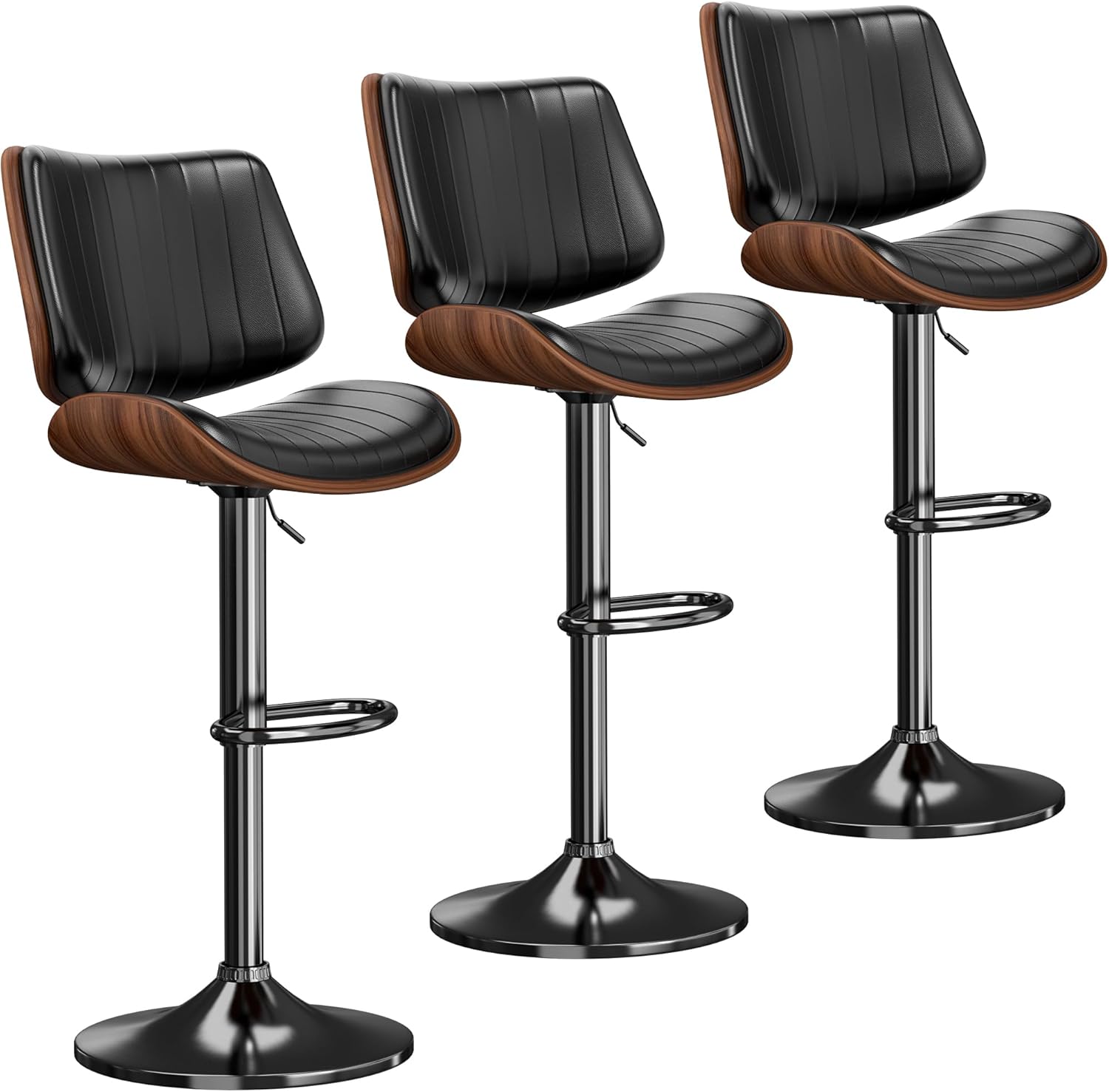 Swivel Bar Stools Set of 3, Adjustable Bentwood Barstools for Kitchen Counter, Modern PU Leather Upholstered Bar Chair with Back and Footrest, for Kitchen Island, Bar, Dining Room, Black