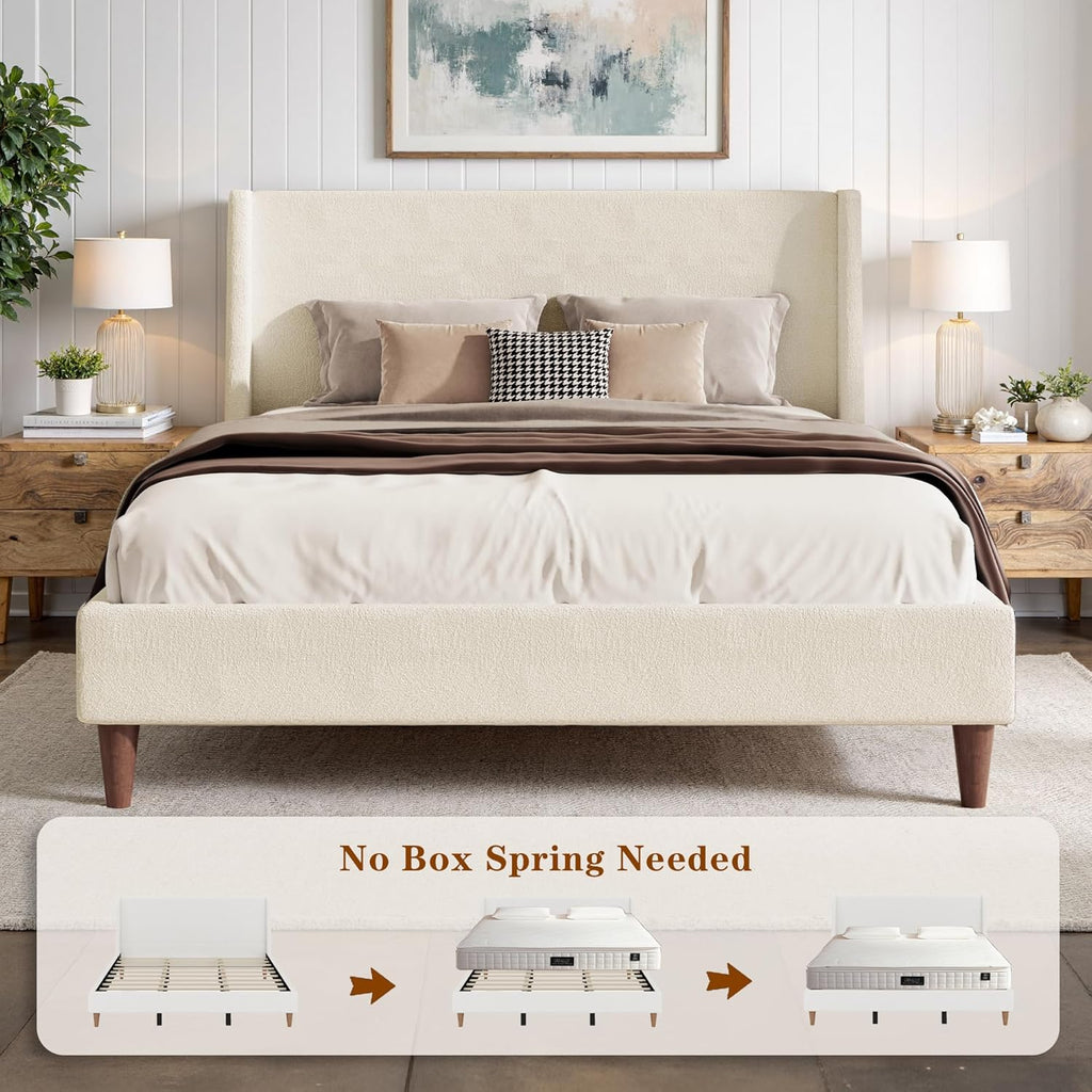 Upholstered Bed Frame King Size, 43" Tall Headboard Wingback Upholstered Platform Beds Bedframe for Kids Teens Adults Bedroom Strong Wood Slats Support No Box Spring Needed, Ivory Boucle