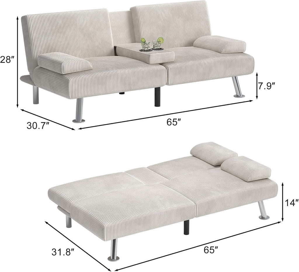Shahoo Modern Upholstered Convertible Folding Futon Sofa Bed with Removable Armrests, Metal Legs, 2 Cup Holders for Living Room, Beige