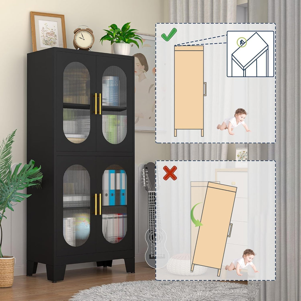 GAIOUS Black Kitchen Pantry Cabinet, Pantry Storage Cabinet with Acrylic Glass Doors and Adjustable Shelves, Tall Versatile Storage for Kitchen, Dining Room, Home Office and Bedroom